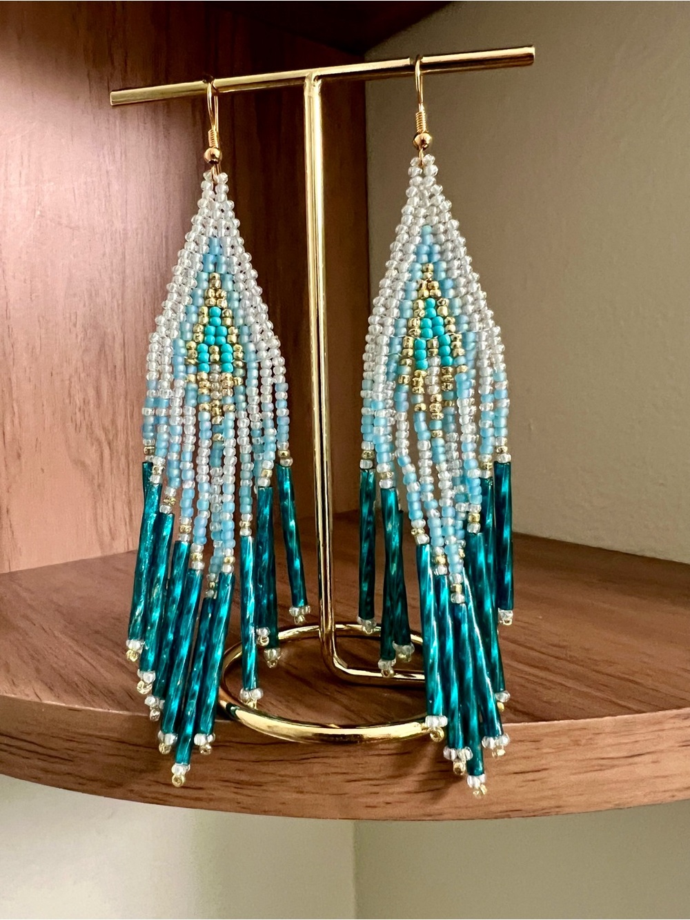 Shimmering Teal and White Seed Bead Earrings